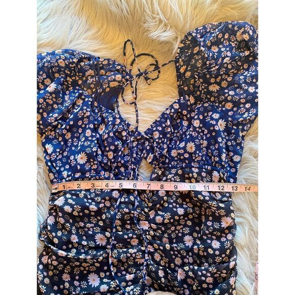 Free People Tessa Mini Dress Ruched Black Navy Blue Floral size small - Picture 7 of 10